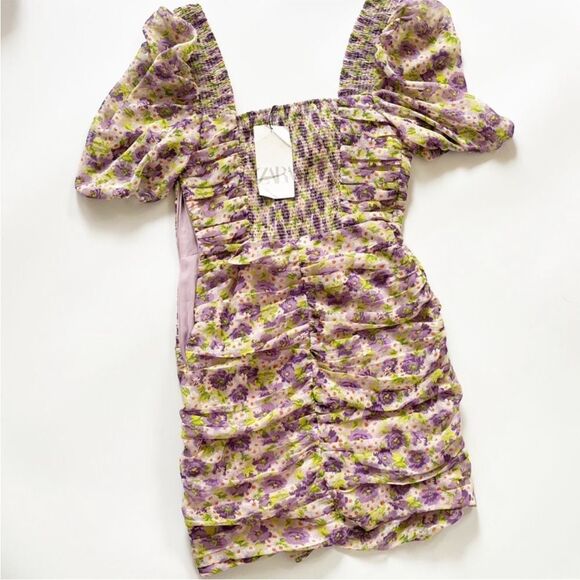 Zara NEW Floral Bodycon Milkmaid Puff Sleeve Mini Dress - Picture 7 of 7